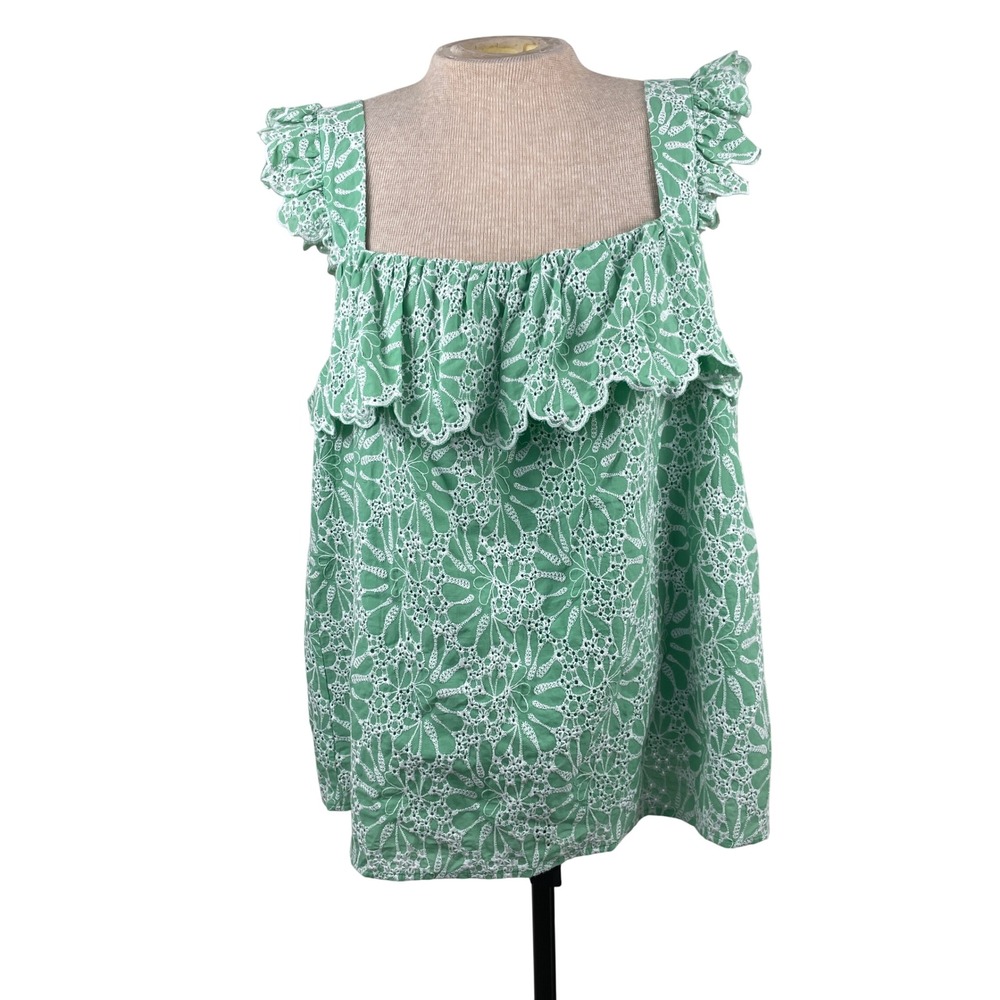 LOFT Womens Green Eyelet Ruffle Square Neck Cotton Blouse XL NWT
